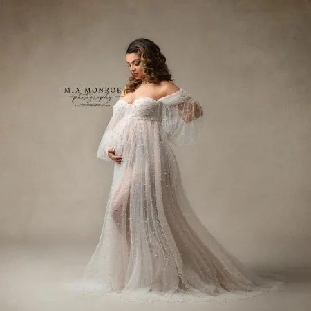 Vintage Pearls Tulle Maternity Dresses Sweetheart Long Sleeves Beaded Sheer See Through Sexy Plus Size Bridal Pregnancy Gown