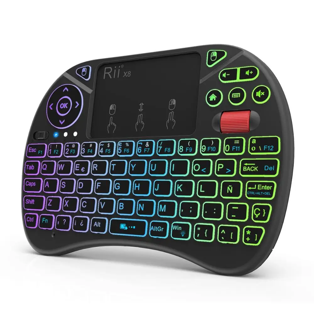 Original Rii X8 2.4GHz Mini Spanish Wireless Keyboard with Touchpad, changeable color LED Backlit, Li-ion Battery for TV