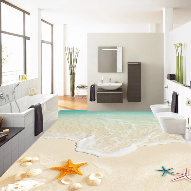 Custom 3D Floor Mural Wallpaper Papel De Parede Sandy Beach Waves Starfish Shell Floor Sticker Home Decor Modern Wall Painting