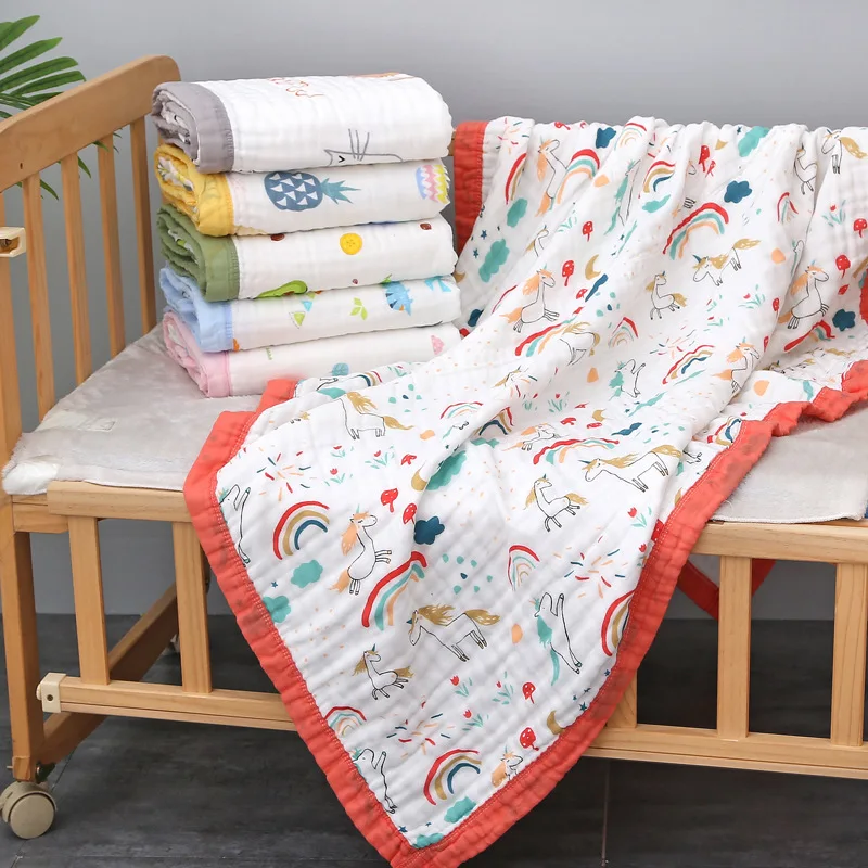 6 Layers Bamboo Cotton Print Baby Receiving Blanket Infant Swaddle Wrap Blanket Sleeping Warm Quilt Bed Cover Muslin Baby Blanke