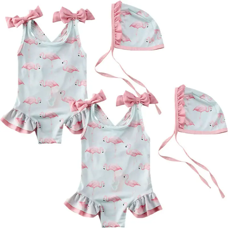 Toddler Baby Kid Girl Flamingo Swimwear Swimsuit Beach Romper Clothes Hat Outfit 1-6Y