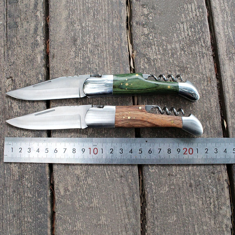 

Outdoor Camping Folding Knife Wood Handle Pocket Knives Picnic Fruit Steak Dinner Cutlery Wine Bottle Corkscrew Household Tool