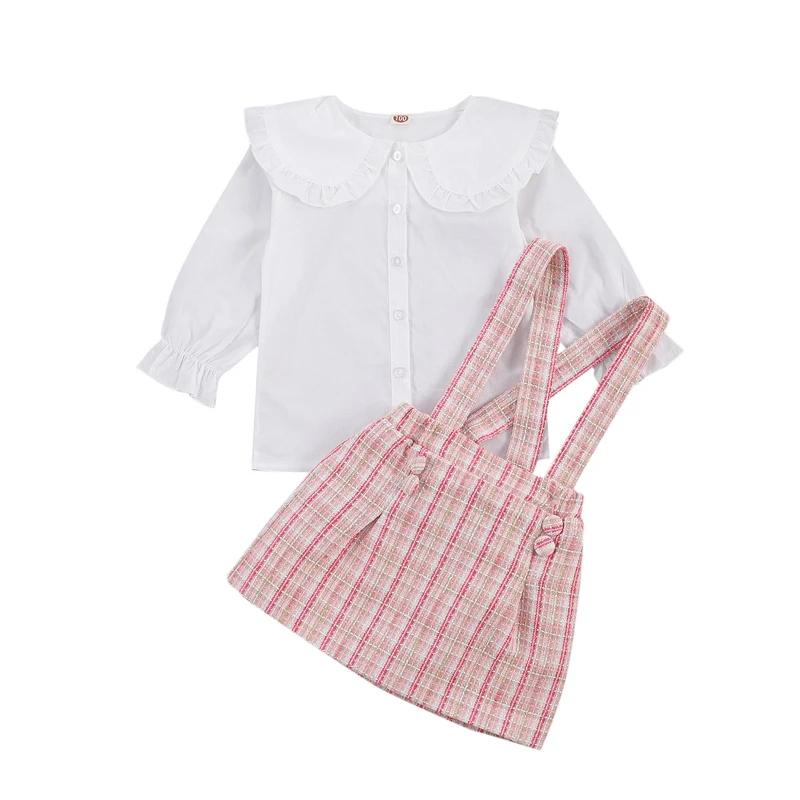 lioraitiin 2-7Years Toddler Baby Girl 2Pcs Fashion Clothing Set Long Sleeve Solid Top Belt Plaid Shirt Autumn Clothes