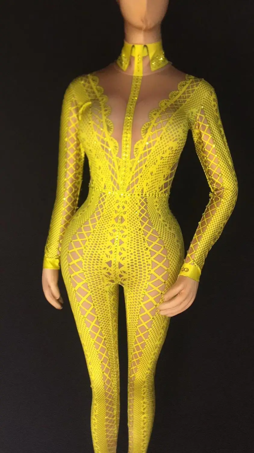 Printed Rhinestones Jumpsuit Stretch Yellow Black White One Piece Nightclub Singer Dancer Women's Party Wear Sexy Bodysuit