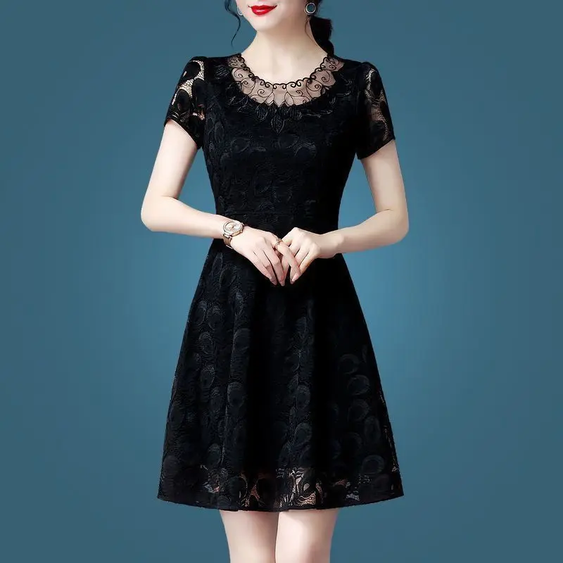 Summer Black Lace Short-Sleeve Dress New Large Size Medium-Length A-line Dresses Woman Dress Vestido De Mujer Femme Robe