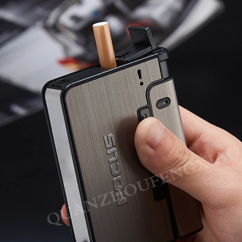 FOCUS Portable Automatic Metal Cigarette Boxes Holder Case Can Mount Lighter 10pcs Cigarette Gadget For Men Christmas Gift