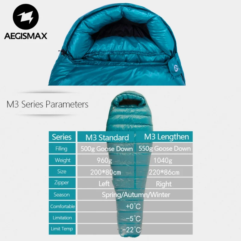 AEGISMAX M3 Camping Sleeping Bag -5 Degree 800FP Goose Down Outdoor Sleeping Bag Hiking Mummy Sleeping Warm Equipment For Adult