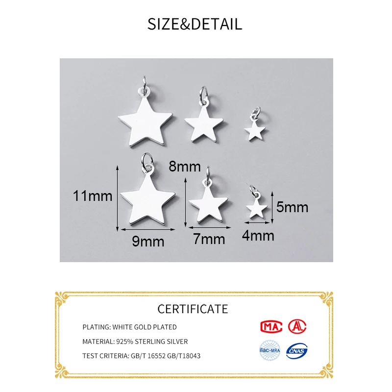 MEETSOFT Classic 5pcs/lot Sterling Silver Stars Minimlist Charms Special of DIY Handmade Necklace Decoration Jewelry Accessories