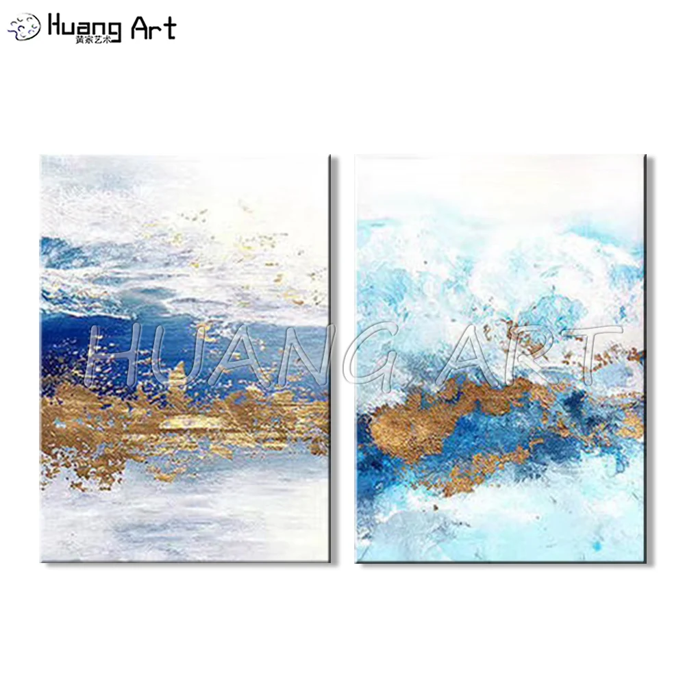 Artist Hand-Painted High Quality Modern Gilding Abstract Canvas Oil Painting for Wall Room Decor Blue and Gold Abstract Painting