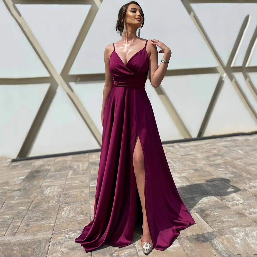 

Funyue Charming Spaghetti Straps Prom Dress 2022 Sexy V-Neck High Split A-Line Satin Long Graduation Gowns Backless Abendkleider