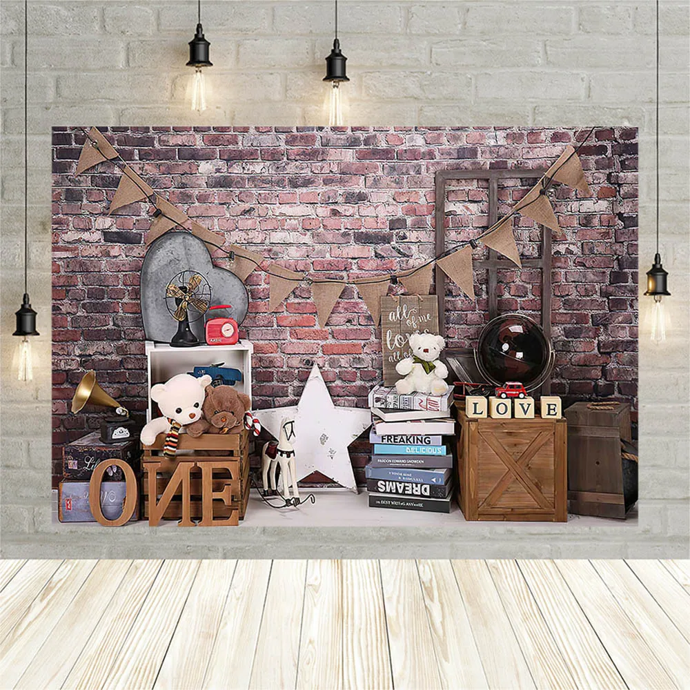 

Avezano Boy 1st Birthday Cake Smash Photography Backdrop Brick Wall Banner Bear Portrait Background Photo Studio Photozone Props