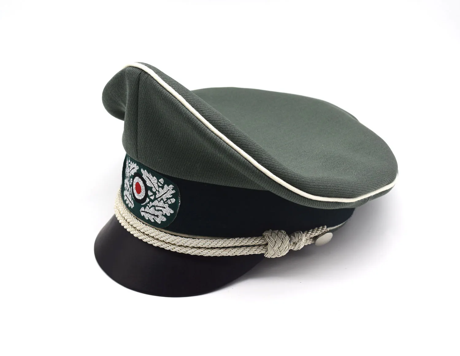 

Replica WWII WW2 German Whipcord Marshals Generals Officers Crusher Visor Hat Cap W Leather White Pipe Silver Chin Cord