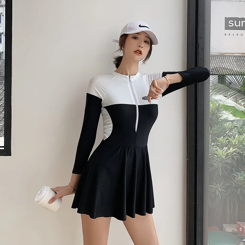 

New Korean Sports Long Sleeve Bathing Suit One Piece Swimsuit Ladies Rashguard Surf Women Swimwear Tankini UV Swim Dress Beach