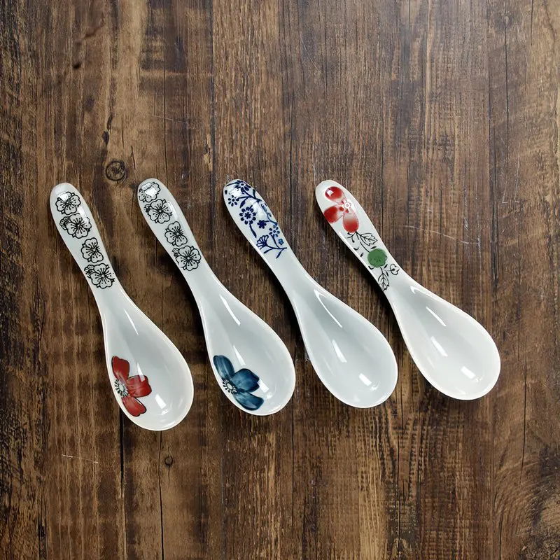 14.5*4cm Ceramic Spoon Japanese-style Underglaze Blue Red Flower Soup Scoop Dinnerware Household Kitchen Supplies Tableware