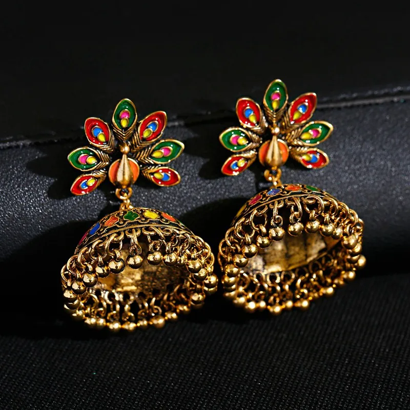 Vintage Antique Indian Bollywood Peacock Carved Jhumka Jhumki Earrings Women Boho Ethnic Gold Color Bells Earring Jewelry