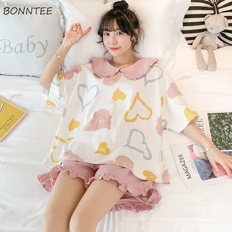 

Pajama Sets Women Summer Cotton Fashion Oversize Short Sleeve Kawaii Printed Girls Homewear Trendy Sweet Ruffles Femme Pajamas