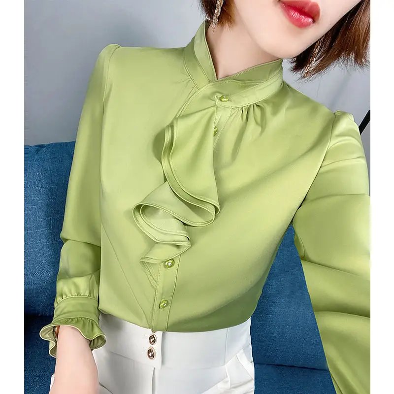 Feminine Blouse Spring Autumn New Elegant Fashion Wave Cut Ruffles Office Lady Shirts Long Sleeve Stand Collar Solid Tops Women