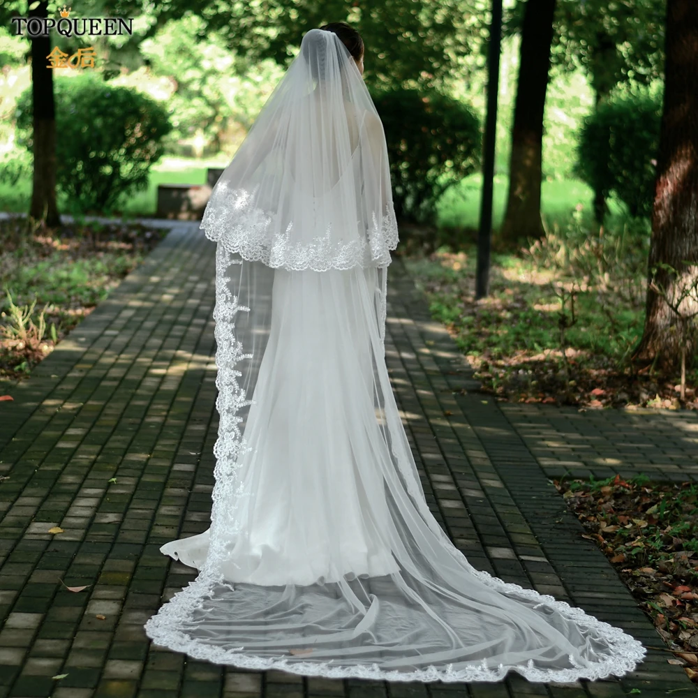 

TOPQUEEN V105 Cathedral Wedding Veil Ivory Veu of Bride 3 Meters 2 Tier Veil Wedding Veil Lace Edge Bridal Veil with Metal Comb