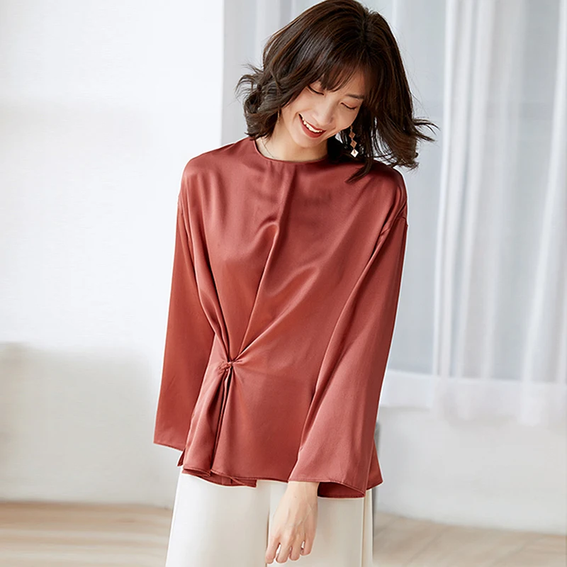 

100% Silk Blouse Women Casual Style pullover Shirt Solid 2 Colors O Neck Vintage Design Long Sleeves New Fashion