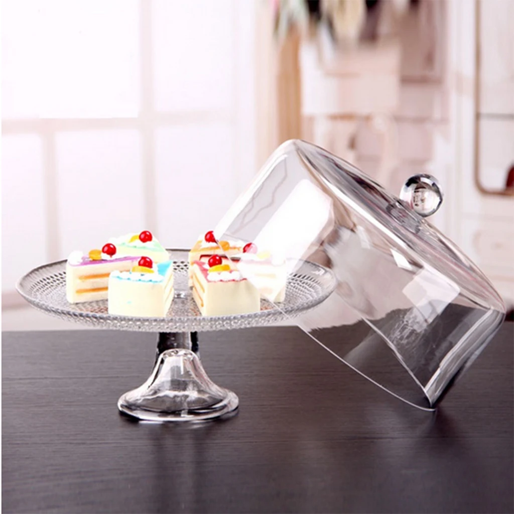 1 Piece Miniature Dollhouse Acrylic Clear Cake Display Plate Stand Fruit Snack Tray with Lid Cover Dolls House Kitchen Tableware