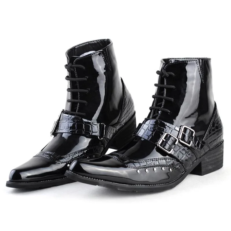 British Luxury Mens Black Ankle Boots Pointed Toe Trending Patent Leather Chains Charm Party Show Shoes Stage Leisure Zapatos