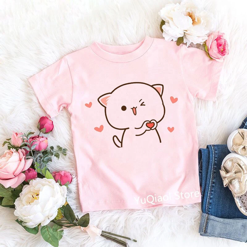 Funny Love You White Cat Animal Print T Shirt Baby Girls Clothes Summer Children Pink Tshirt Top Teen Kids T-Shirt Drop Shipping