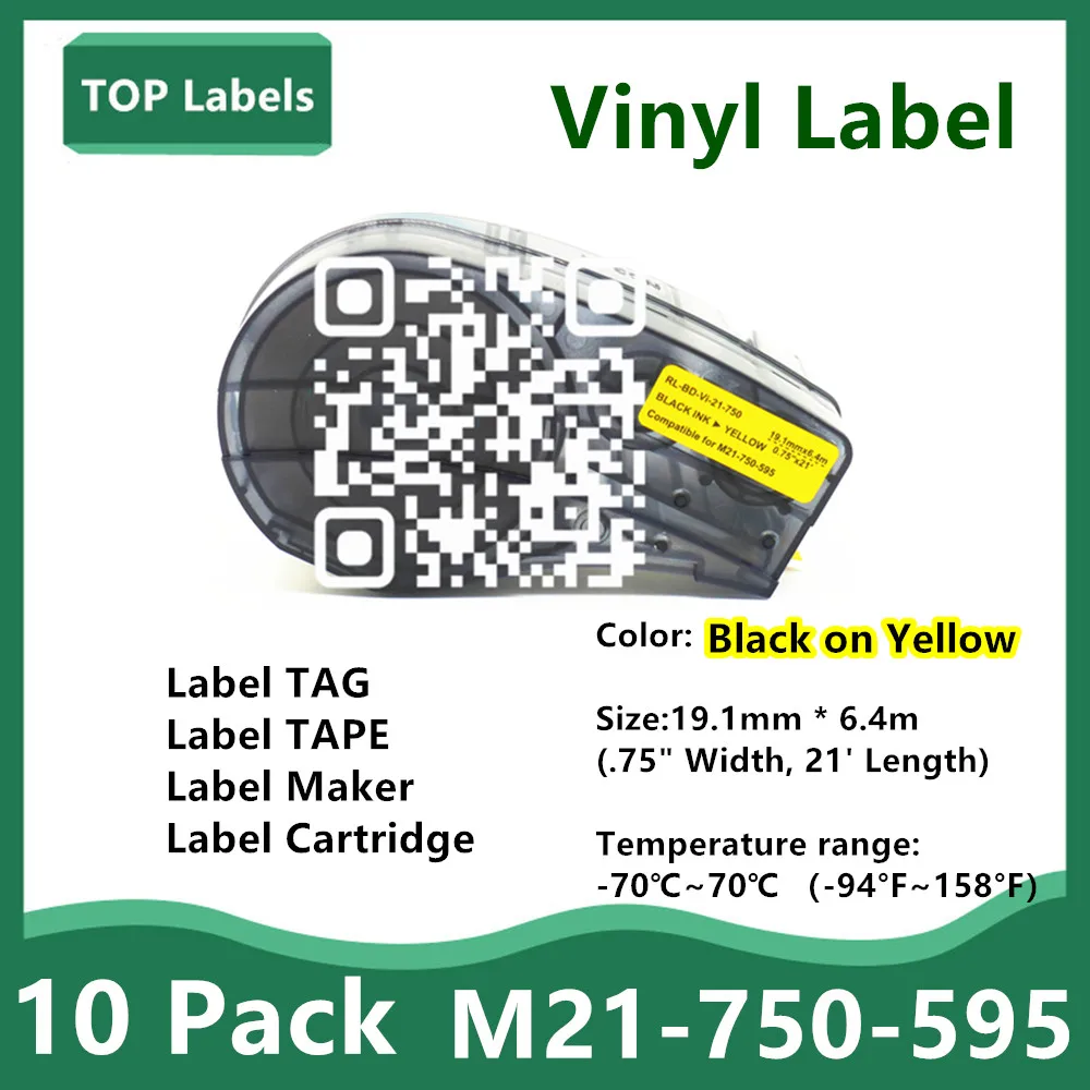 

10 Pack Replace Label Tape M21-750-595 Ribbon Vinyl Ribbon Cartridge Black on Yellow for Marker Marking Labeling Tag 19.1MM