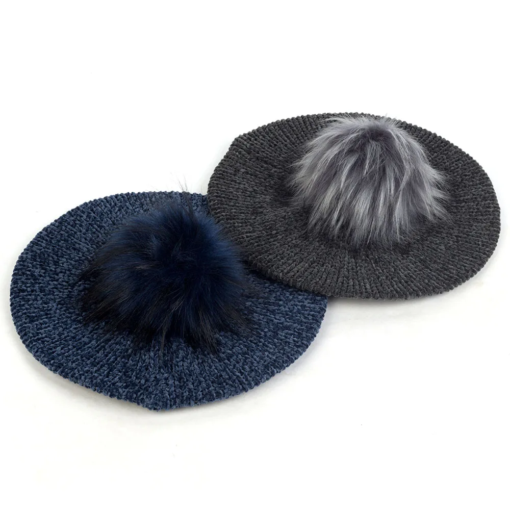 Female Knitted Berets With Faux Fur Pom Pom Elegant Women Fashion Winter Warm Hats Girl Bonnet Caps Plain Hat Beret