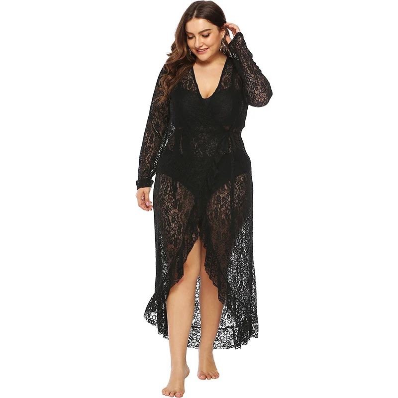 Sexy Plus Size Bikini Cover up Beach Sarong Black Lace Long Kimono Cardigan Women Beach Wear Swim Suit Cover Up Kaftan Tunic 4XL