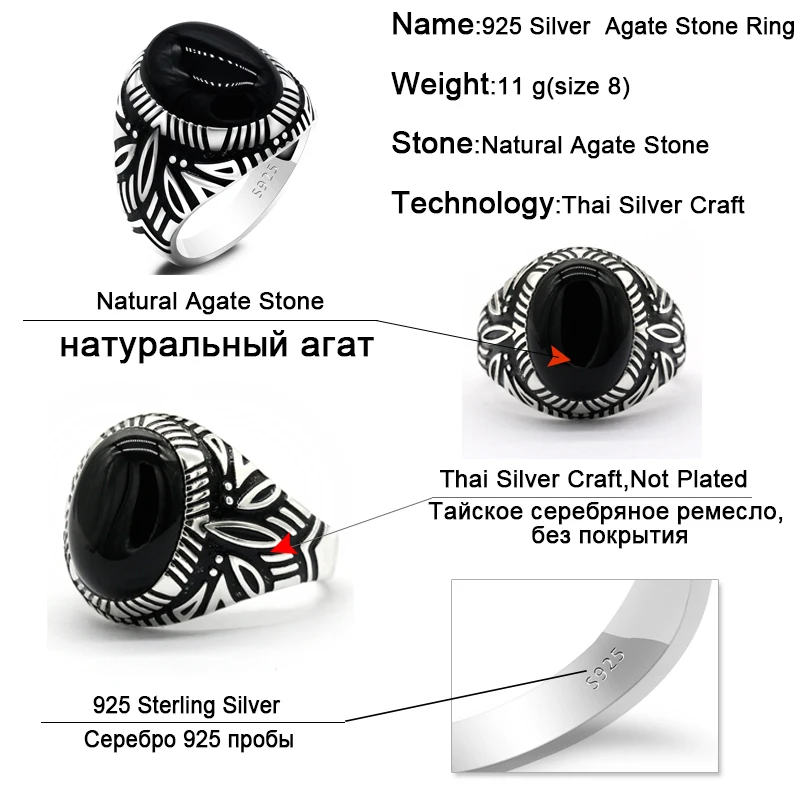 Black Onyx Men's Ring Guaranteed 925 Sterling Silver Natural Agate Stone Little Bee Signet Female Ring Jewelry Turkey Fashion