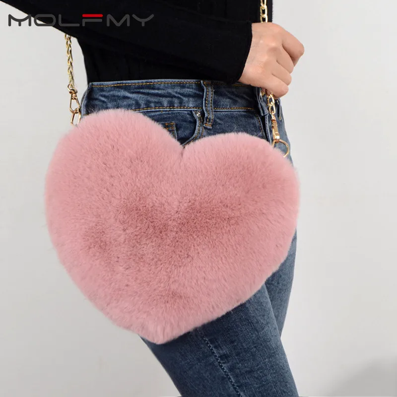 

Shoulder Bags Winter Faux Fur Heart Bag For Women Handbag Kawaii Girls Big Love Messenger Crossbody Bag Bolso sac a main femme