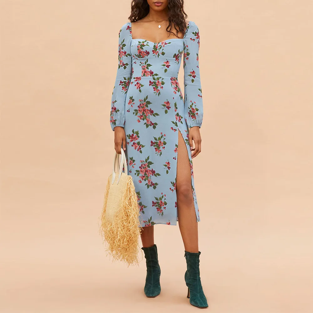 

Dresses For Women 2021 Elegant Vintage Floral Dress Spring Autumn Long Sleeve Sweetheart Neck Sexy Side Slit Chiffon Midi Dress