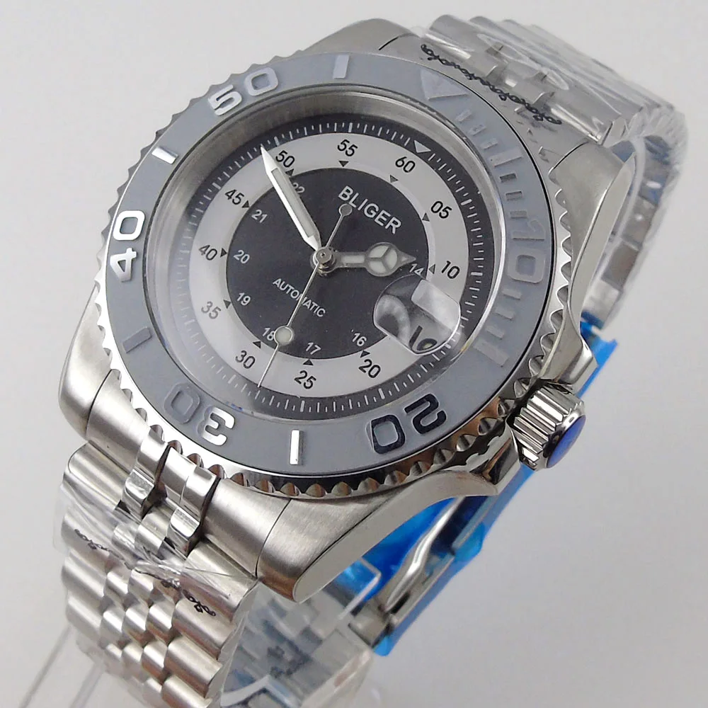 

Sapphire Men's Watch Automatic Watches Bliger 40mm Miyota 8215 Black/White Dial 316L solid Bracelet Date Cyclops Ceramic Bezel