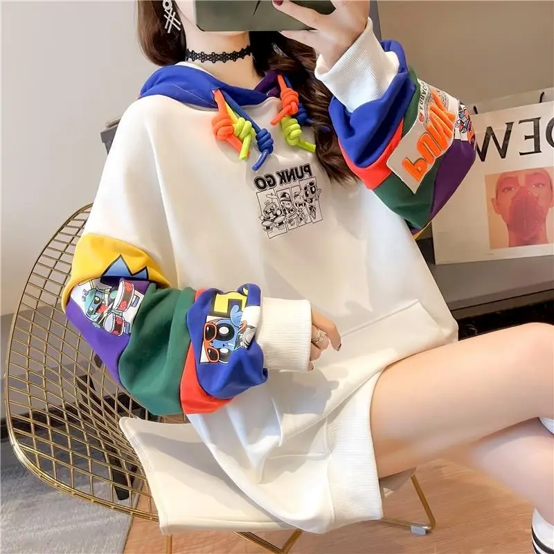 Fried Street Hoodies Women 2024 New Autumn Contrasting Color Stitching Thin Hooded Pullover Loose Korean Mid-length Womens Tops