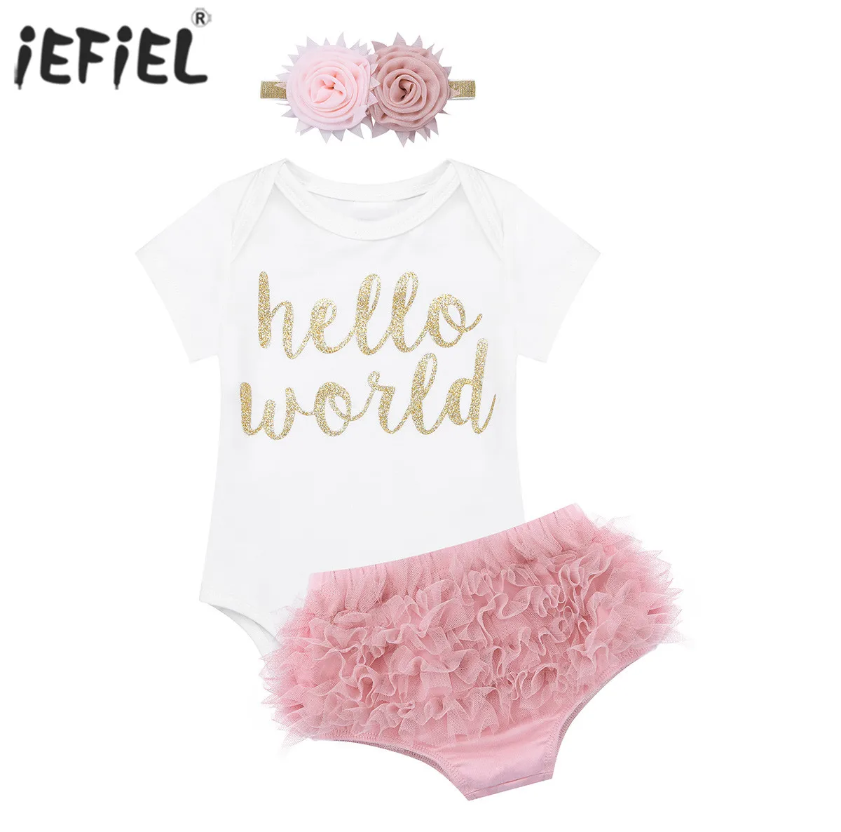 Baby Girls Outfits Newborn Baby\'s Romper Hello World Letter Printed Short Sleeves Jumpsuit with Bloomers Summer Toddlers Clothes