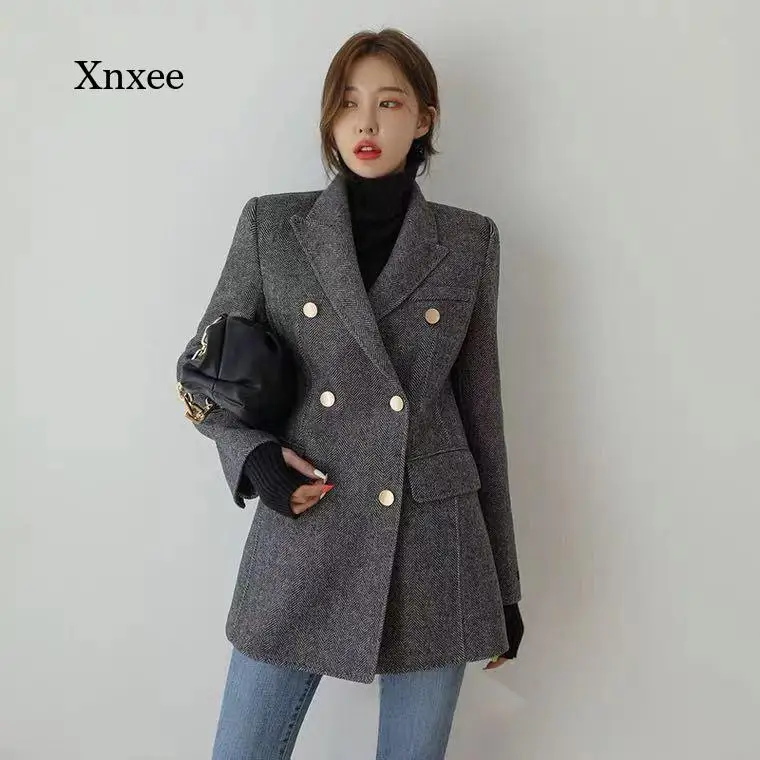 2021 Blazer Suit Woolen Jacket Ladies Korean Version Autumn and Winter New Mid-Length Slim Woolen Coat Thickened Outwear Clothes