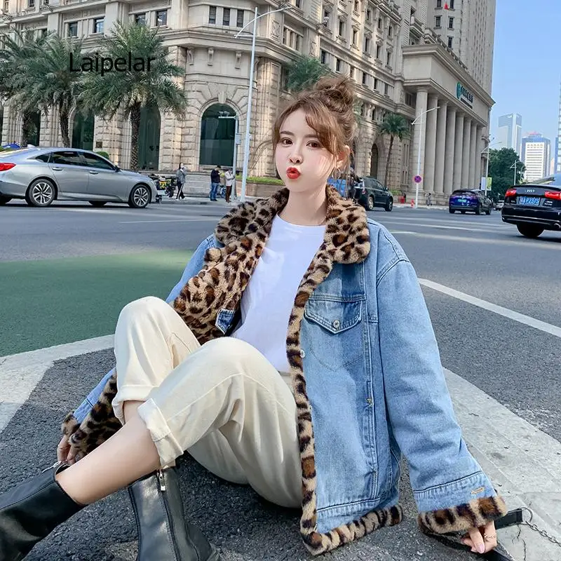 Neue winter Koreanische version lose und dünne leopard druck nachahmung kaninchen pelz beide seiten tragen denim jacke