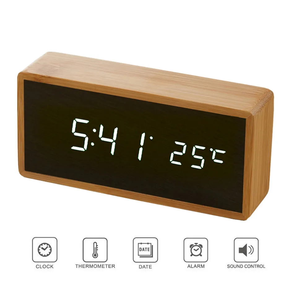 Bamboo Wooden Mirror Alarm Clocks Temperature Sounds Control Desktop Clock With Digital Watch Electronic LED Clocks Despertador