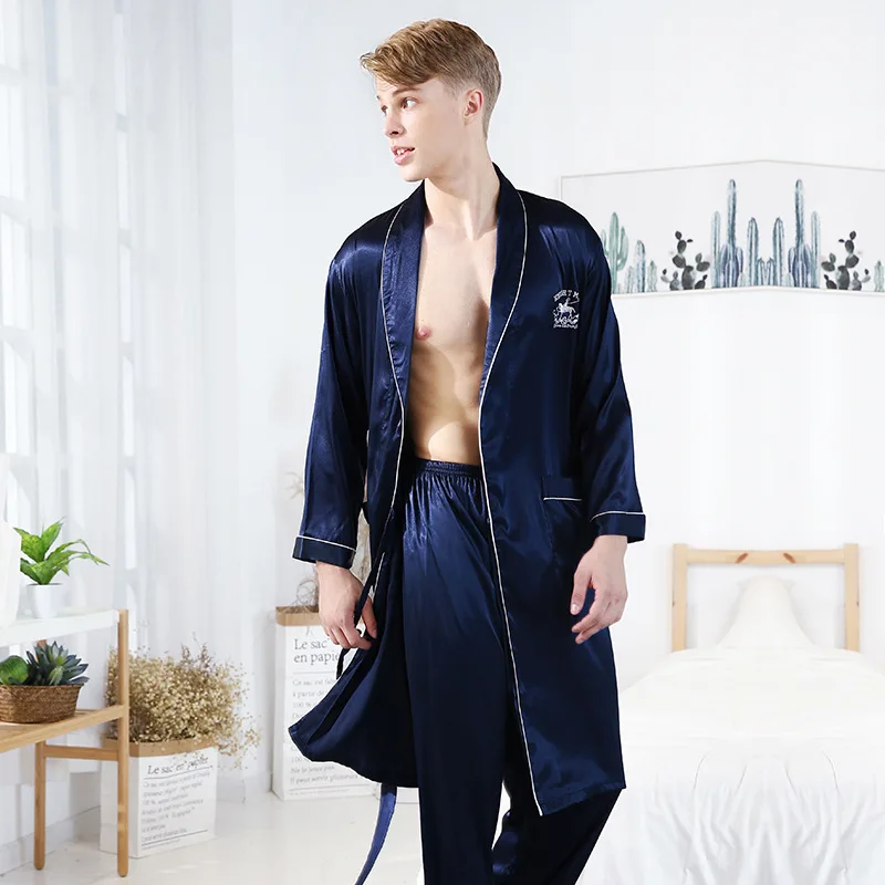 Silk Pajamas Summer Men\'s Shorts Solid Satin Long Sleeve Kimono Robe and Long Pants Homewear Clothes Set Two-Pieces Pajamas