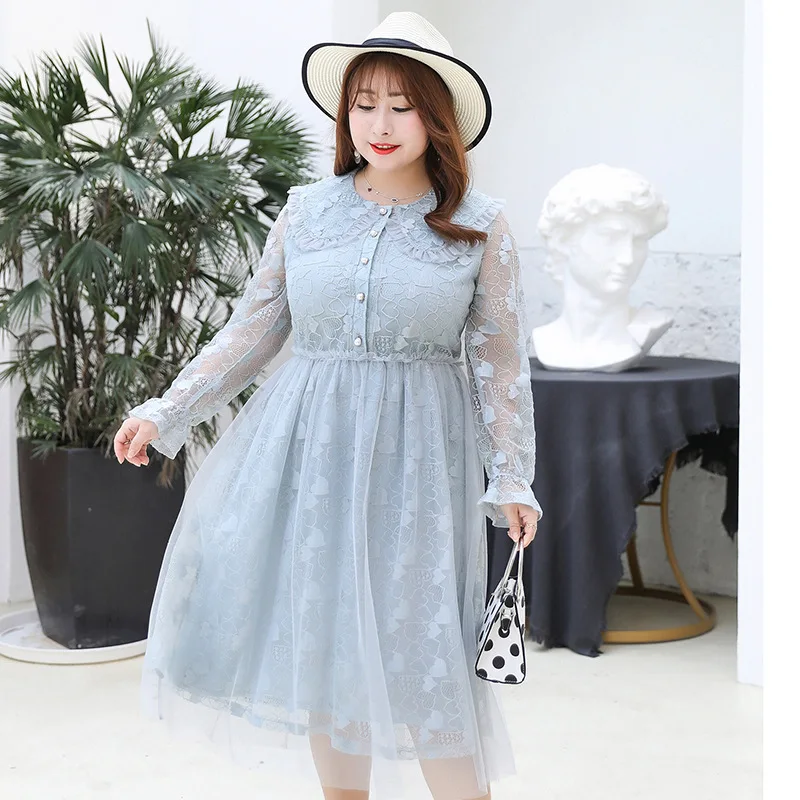 New spring autumn plus size long dress for women large loose casual long sleeve elegant lace dresses black blue 3XL 4XL 5XL