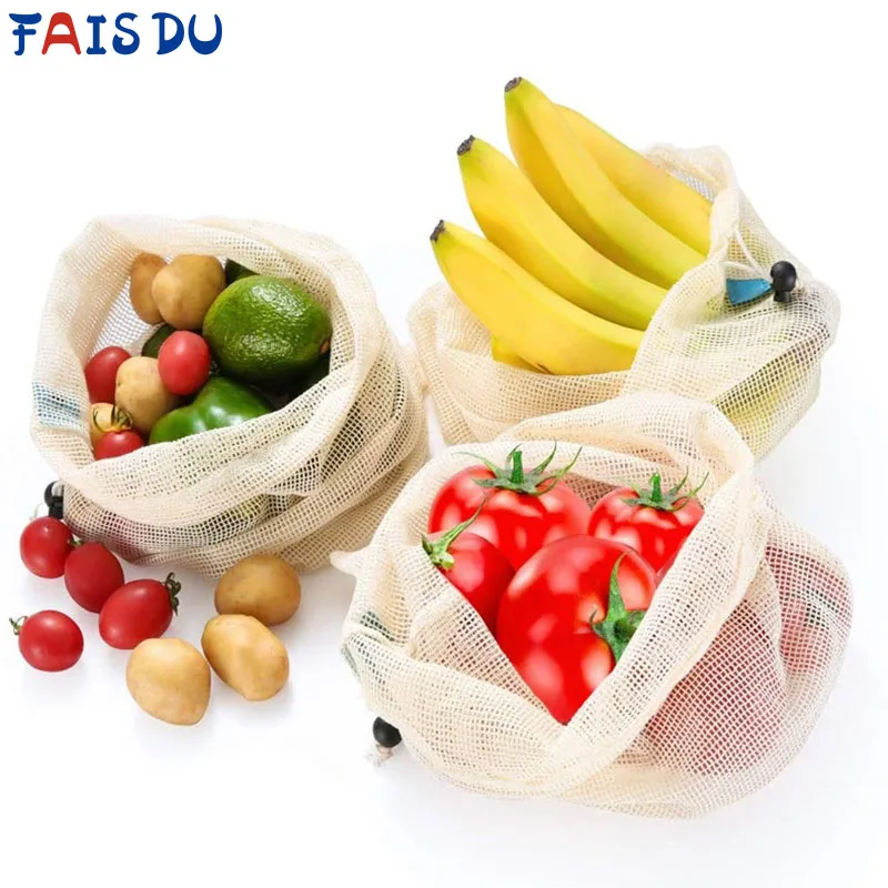 Fais Du Eco-friendly Vegetable Fruit Mesh Bag Drawstring Bundle Cotton String Bag Storage Mesh Cloth Kitchen Accessories