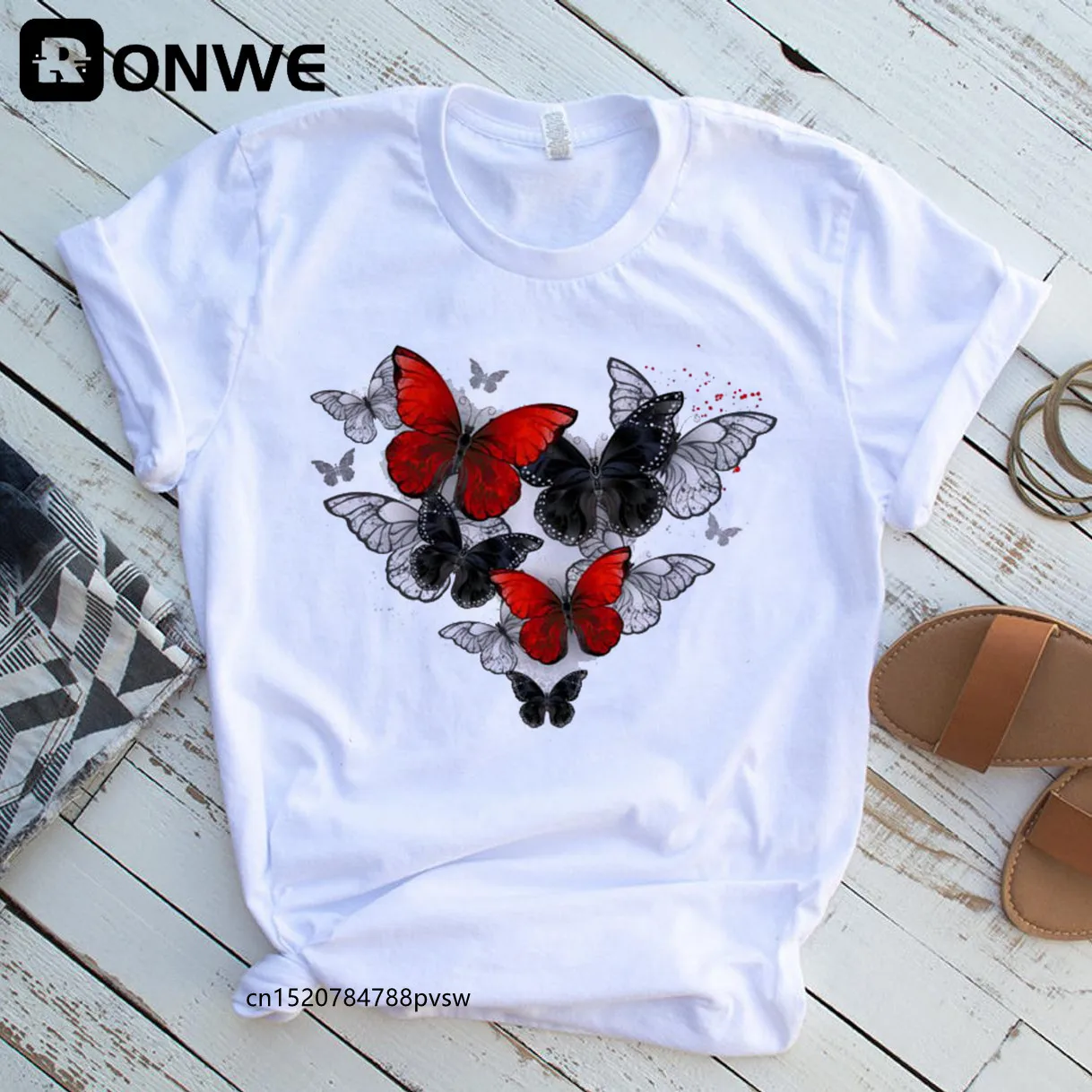 Women Red and Black Butterfly Fashion T Shirt Girl Harajuku Korean Style Graphic Tops Valentine's Day Female T-shirt,Drop Ship