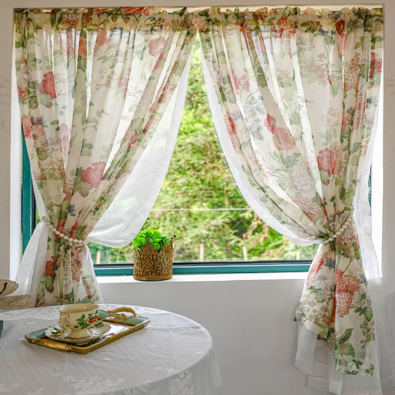 

American Gardern Small Floral Voile Curtains Double Layers Rural Ruffles Sheer Curtains for Bedroom Kitchen Window Treatments