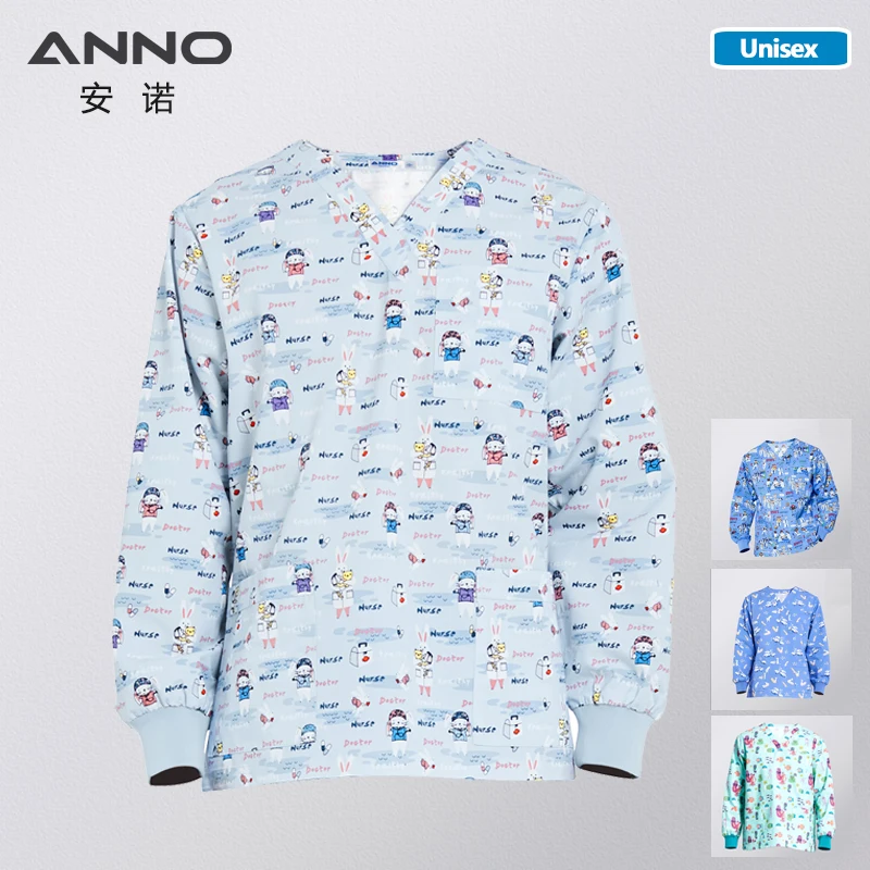 

ANNO Hospital Autumn Winter Medical Scrubs Tops Long Sleeves Print Nursing Uniform Nurse Tunic Clothes Out Wear Coat