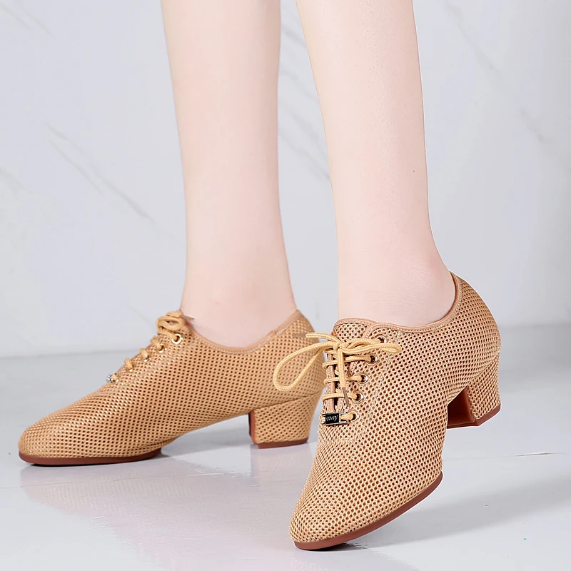 

Soft bottom rubber sole shoe full net Latin dance shoes female teacher shoes high-heeled female ballroom dance sailor square net