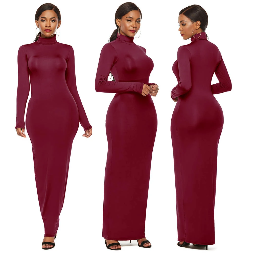 المرأة فستان الحفلات كم طويل الياقة المدورة Bodycon فستان الخريف الشتاء سليم مثير ماكسي فساتين طويلة VestidosS-5XL