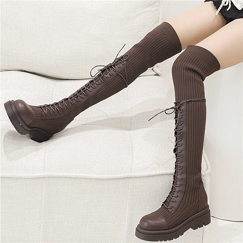 

Punk Goth Women Cow Leather Round Toe StretchyThigh High Boots Over the Knee Platform Creeper Shoes Party Oxfords EUR35 -43