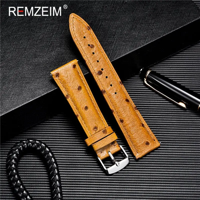 REMZEIM 18mm 20mm 22mm Watch Strap Cow Leather Vintage Ostrich Pattern Watchband Comfortable To Wear Quick Release Straps