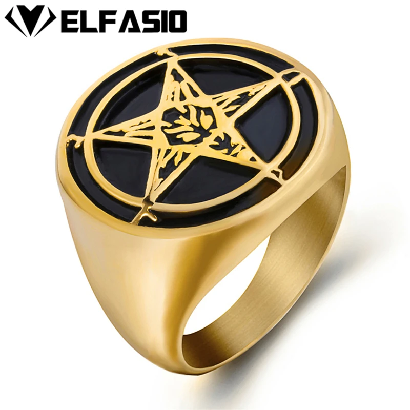 

Elfasio Mens Gold Plated Satanic Baphomet Goat Pentagram Devil Stainless Steel Ring Vintage Symbol Jewelry Size 7-15