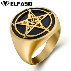 Elfasio Mens Gold Plated Satanic Baphomet Goat Pentagram Devil Stainless Steel Ring Vintage Symbol Jewelry Size 7-15